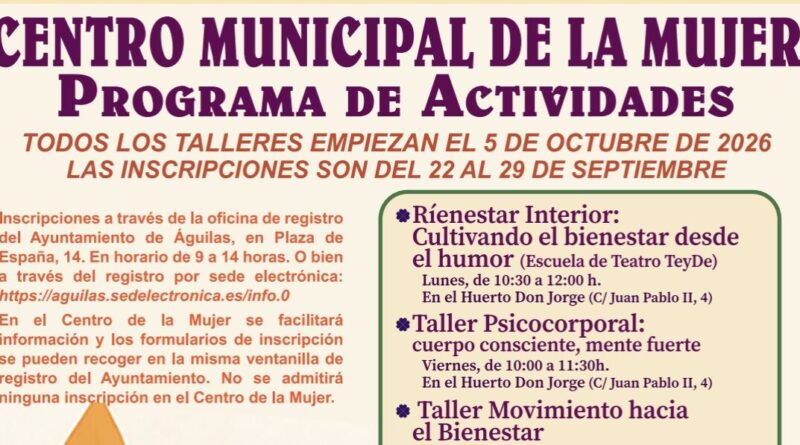 El Ayuntamiento de Águilas presenta la programación de talleres del Centro de la Mujer para el próximo trimestre